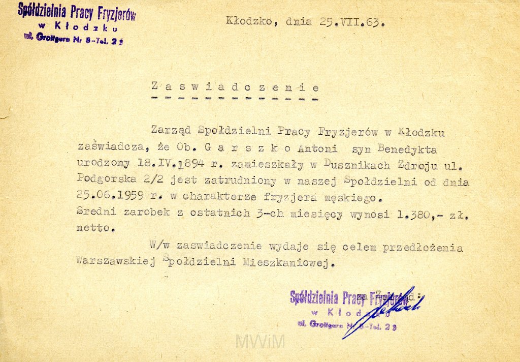 KKE 5682-1.jpg - Dok. Decyzja o zatrudnieniu i zaświadczenie wystawione przez Zarząd Spółdzielni Pracy Fryzjerów w Kłodzku o zatrudnieniu i przeniesieniu Antoniego Graszko – ojca Teresy Rogala, Kłodzko, 1 III 1962 r./ 25 VII 1963 r.